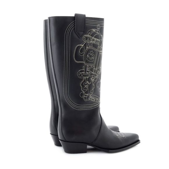 Hermes Women's Folk Knee High Boots Embroidered Leather 35 Black - Picture 3 of 5